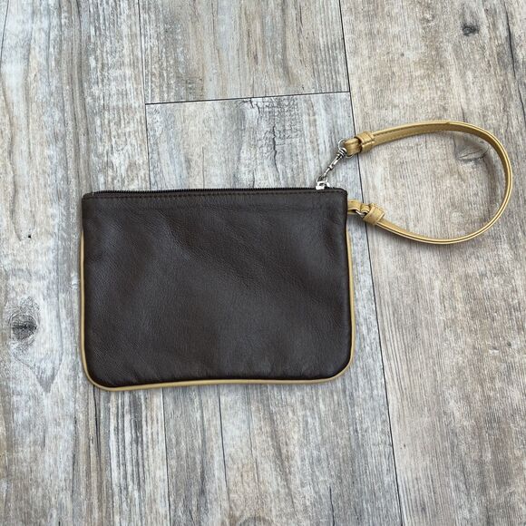 Newport News Leather Wristlet Wallet Brown and Yellow Vintage Zip - Picture 1 of 6